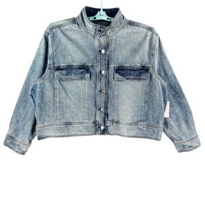 Sonoma Women's Blue Denim Crop Jacket Size XXL Band Collar Buttons‎ Cotton NWT